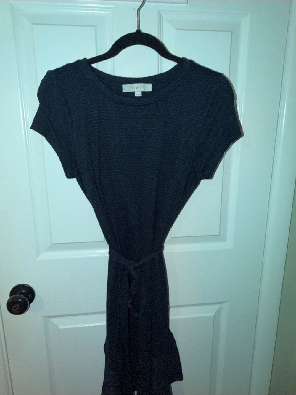 LOFT Navy Knit Belted Short-Sleeve Dress